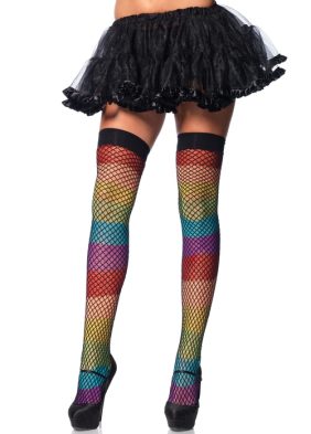 Rainbow Thigh Highs With Fishnet Overlay - One Size