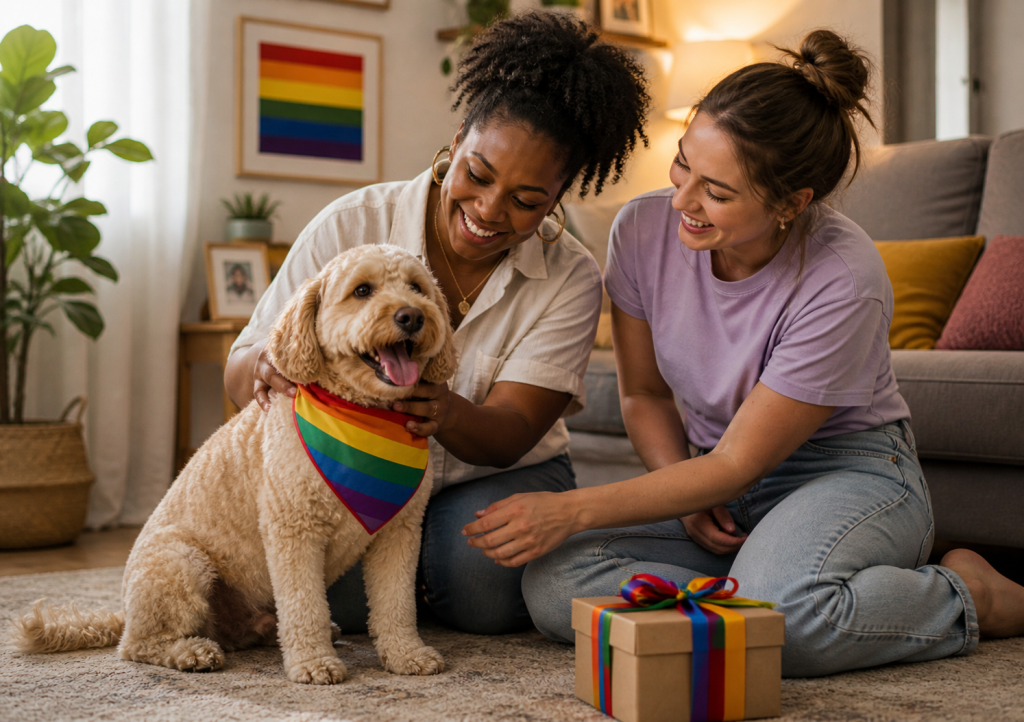 female couple with their dog in a pride flag dog coat